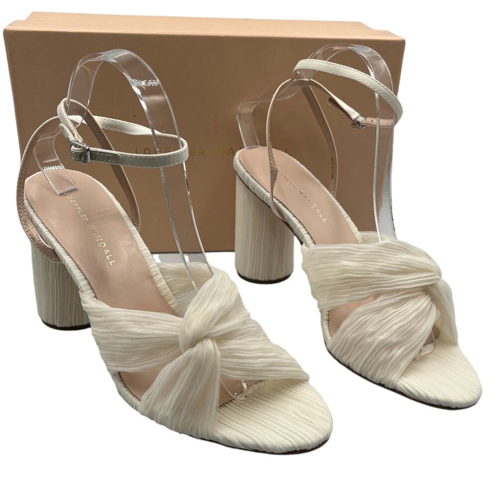 Loeffler Randall Reed Pleated Twist Block Heels Sandals Pearl White Bridal 10B
